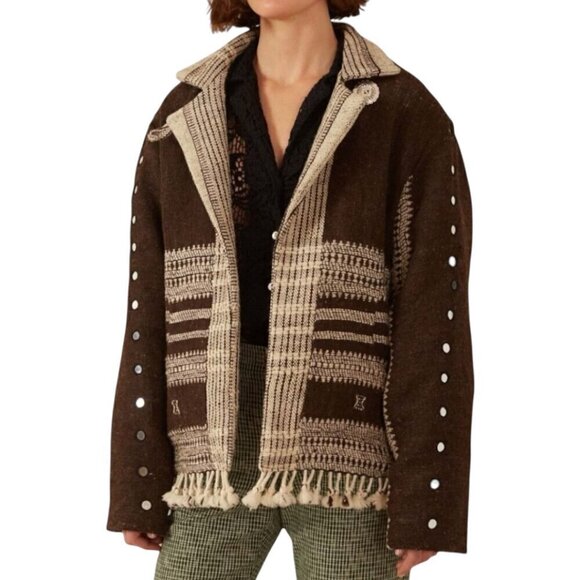 Alix of Bohemia Embroidered Handwoven Brown Blanket Jacket Small Western Boho - Picture 16 of 16